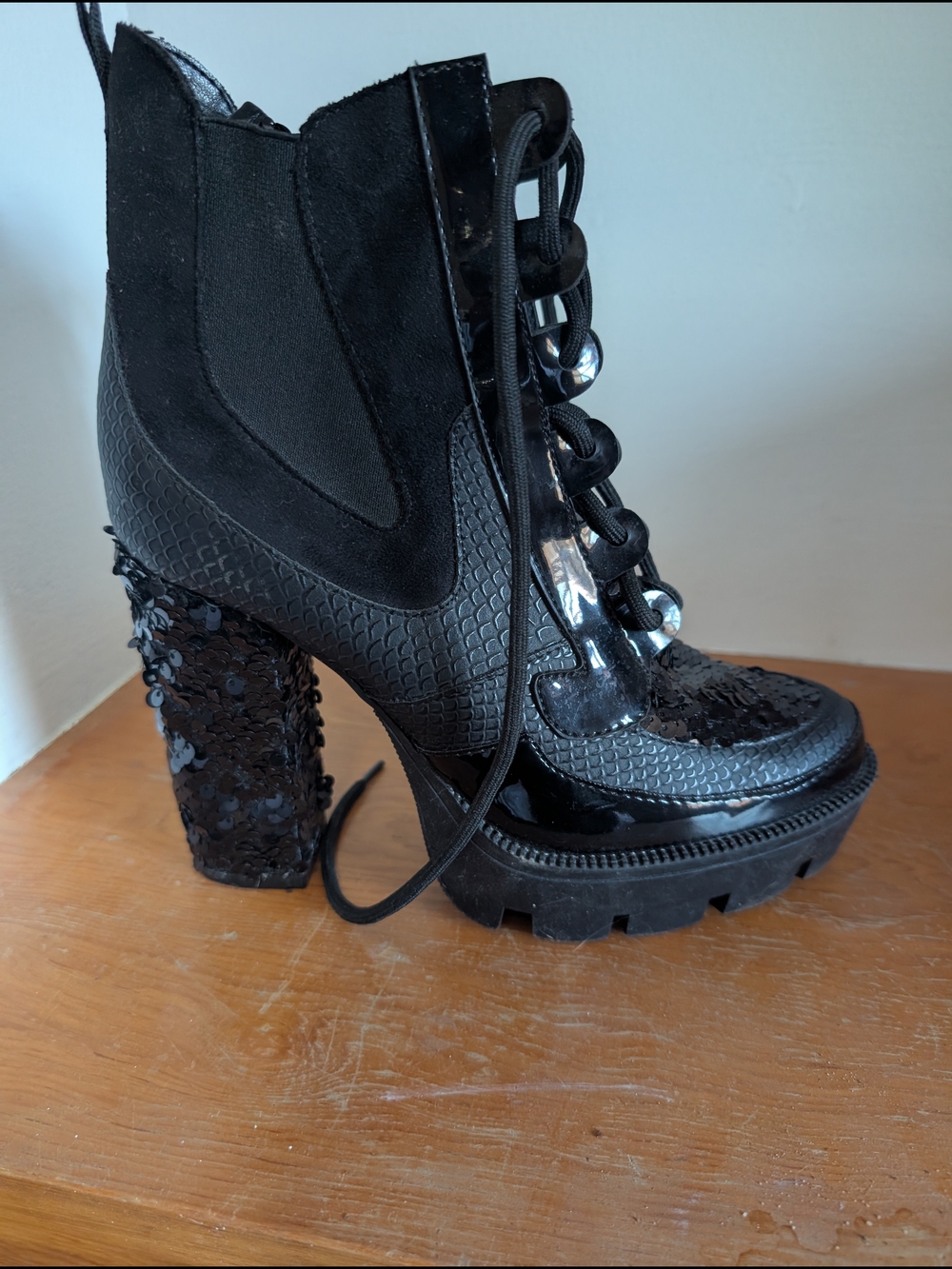 Black Sequined Platform Lace-Up Bootie - Women